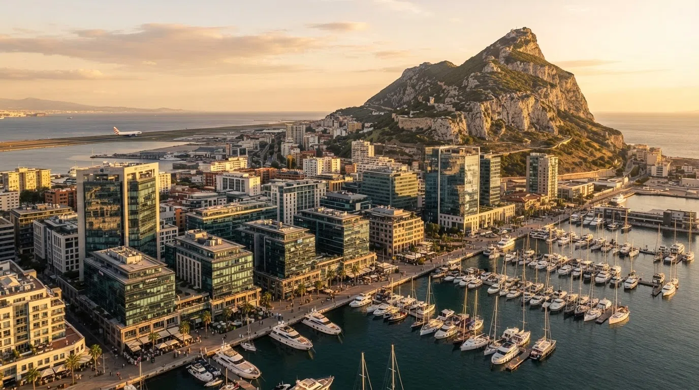 An aerial photograph of Gibraltar's harbour and office district, with the Rock dominating the skyline and modern office buildings in the foreground.