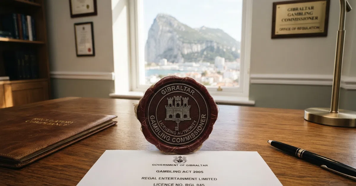 A close-up of the Gibraltar Gambling Commissioner's seal or official licence certificate on a desk, with the Rock of Gibraltar visible through a window in the background.