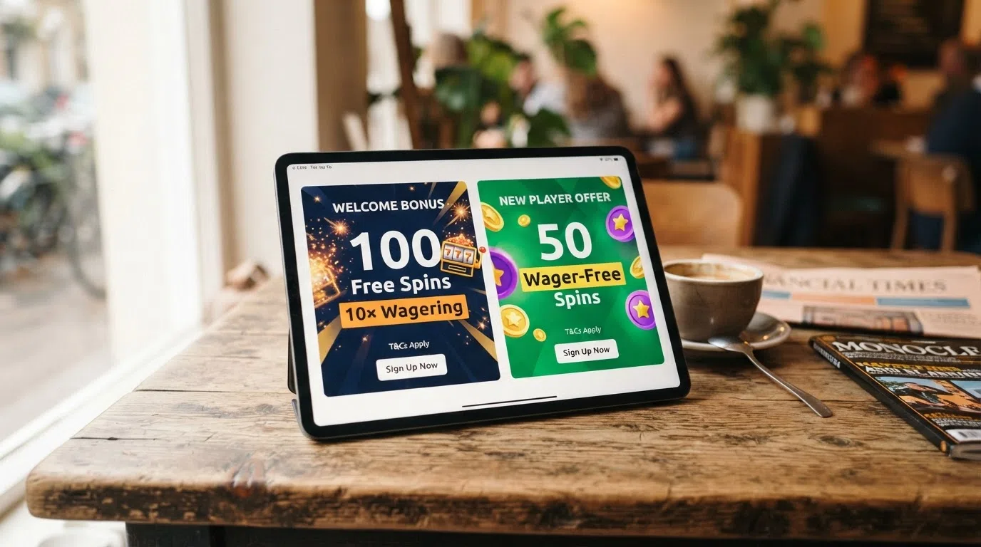 Two welcome-offer banners side by side — one showing “100 Free Spins — 10× Wagering” and another showing “50 Wager-Free Spins” — with the wagering terms highlighted
