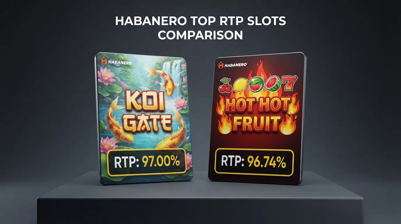 A side-by-side screenshot mock-up of the Koi Gate and Hot Hot Fruit title cards with their RTP figures overlaid