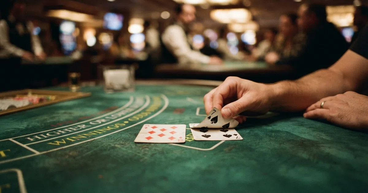 A close-up of a casino card table with playing cards laid face-up, showing a higher-or-lower betting layout on a green felt surface
