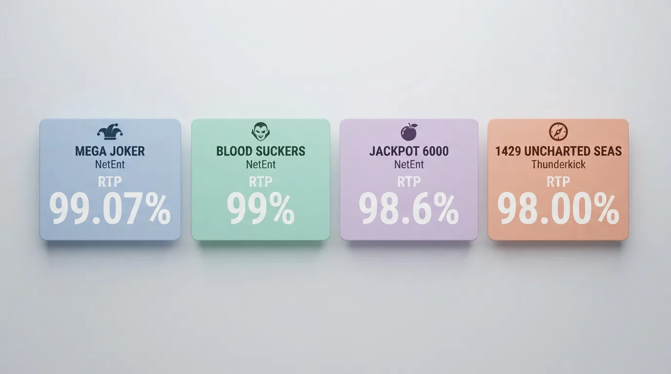 A side-by-side visual of four slot-game title cards arranged by RTP percentage, each showing its provider name and return figure