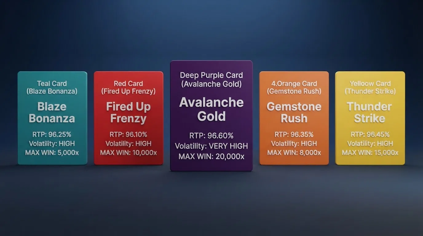 A side-by-side display of high-volatility slot title cards showing their RTP percentages, volatility ratings and maximum win figures