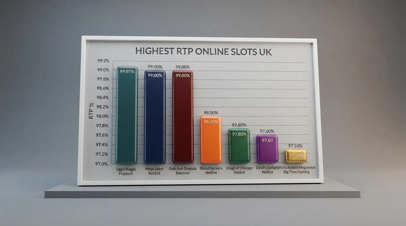 A bar chart ranking seven slot titles — Ugga Bugga, Book of 99, Mega Joker, 1429 Uncharted Seas, Blood Suckers, Blood Suckers Megaways and White Rabbit Megaways — by their published theoretical RTP from 97.24% to 99.07%
