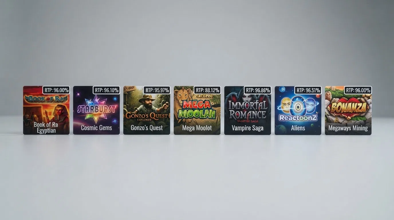 A side-by-side grid of several online slot title cards showing their distinctive themes and artwork, with RTP percentages overlaid as data labels