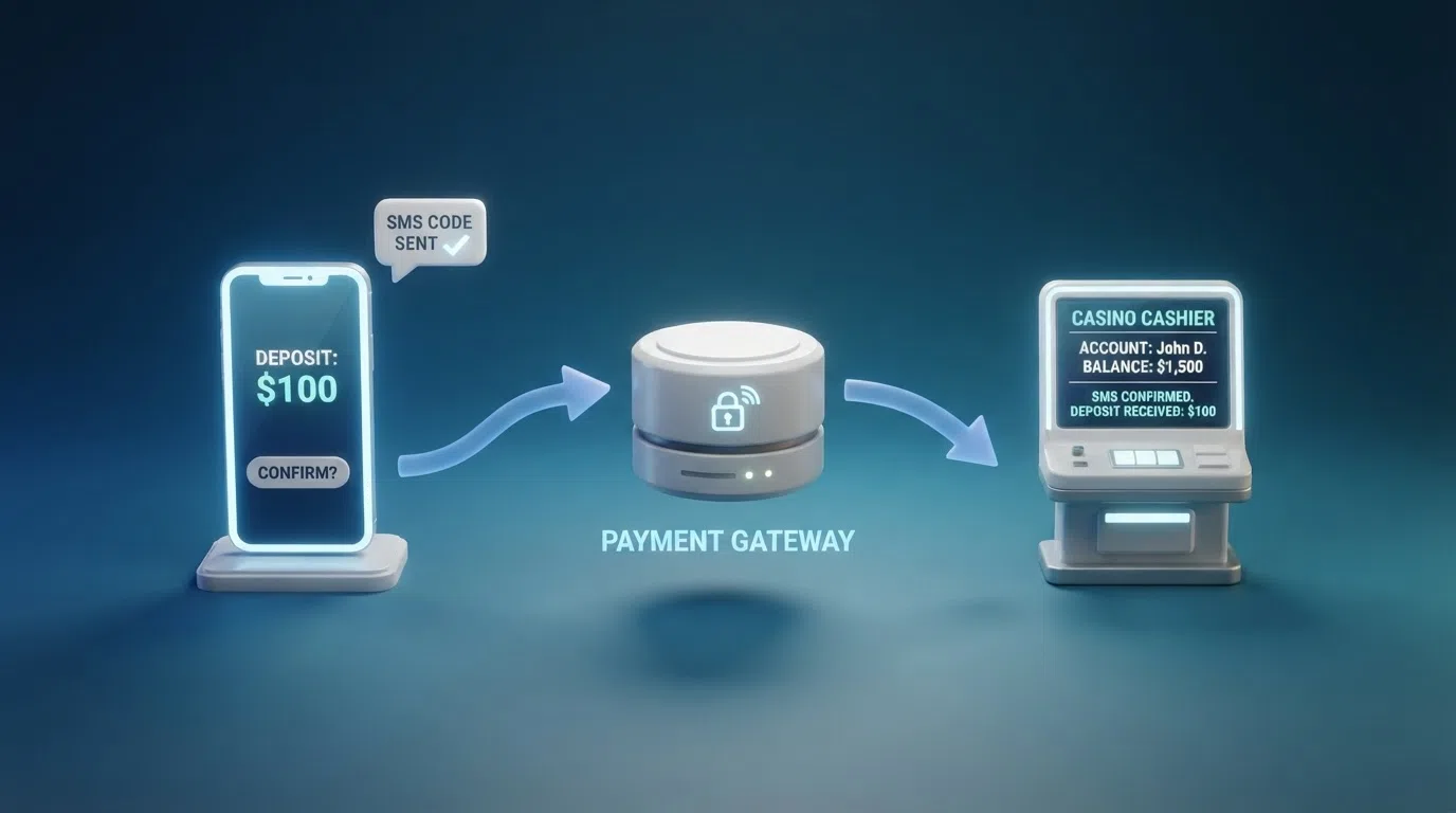A diagram-style illustration of the SMS-confirmed phone-bill deposit flow from a mobile phone through a payment processor to a casino cashier