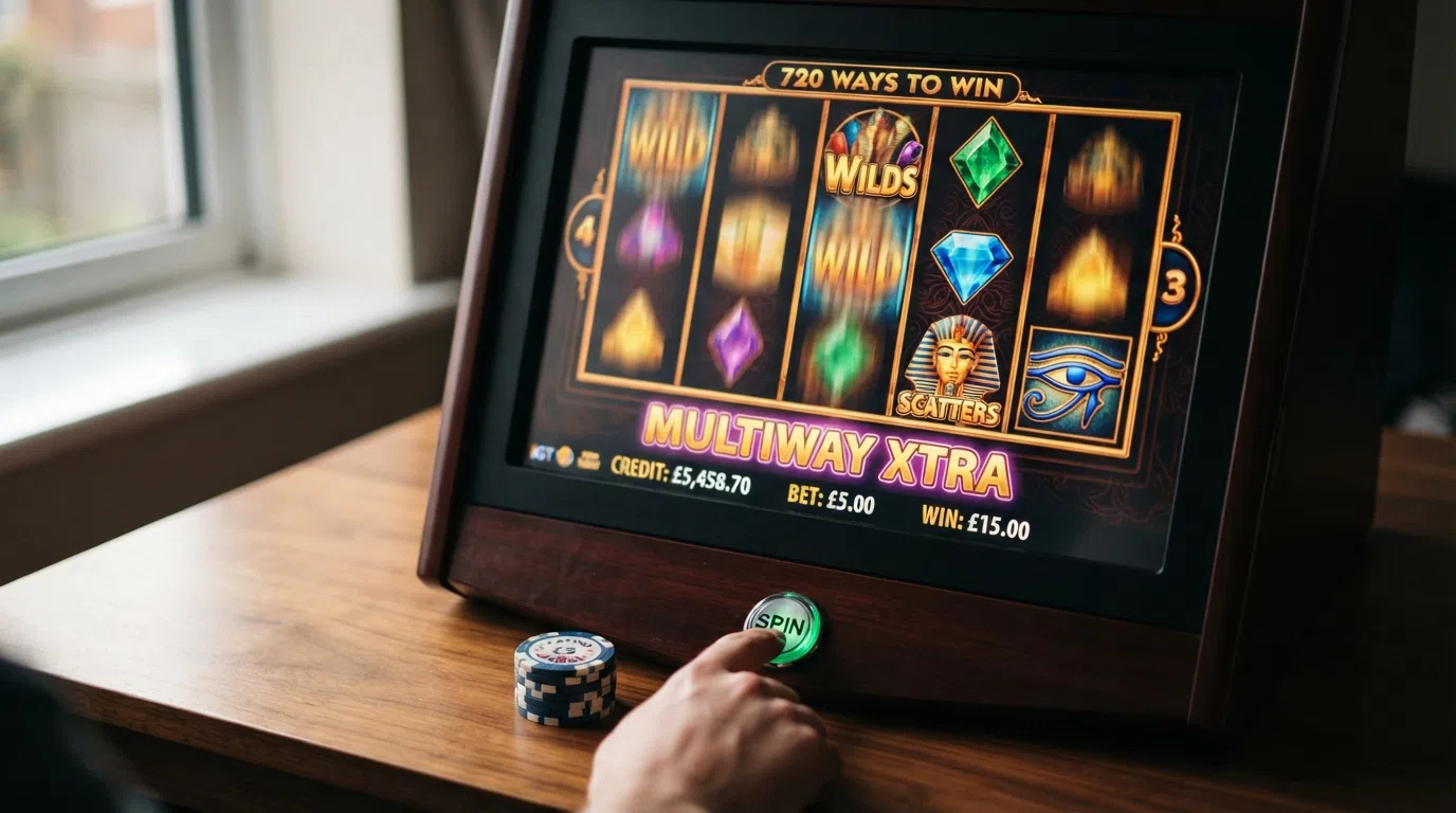 A close-up of IGT slot reels mid-spin on a desktop browser, showing the MultiWay Xtra pay system in action with 720 ways illuminated