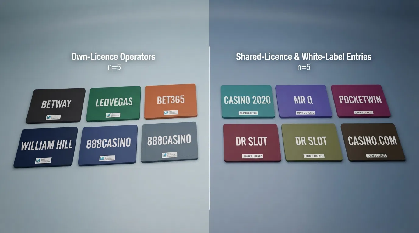A visual comparison of the ten featured casino brand cards arranged by licence independence, with own-licence operators visually separated from shared-licence and white-label entries