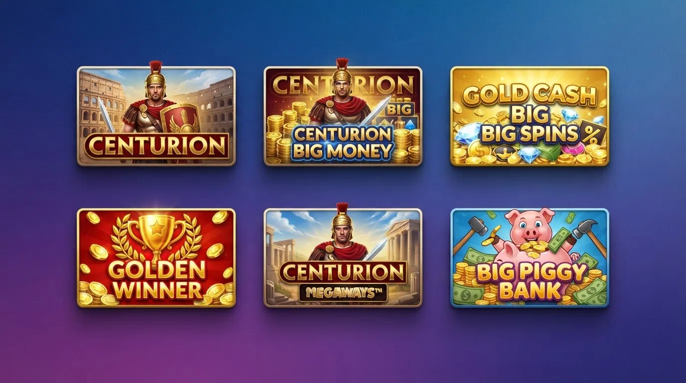 A grid of six Inspired Gaming slot title-card artworks — Centurion, Centurion Big Money, Gold Cash Big Spins, Golden Winner, Centurion Megaways and Big Piggy Bank — arranged in two rows of three