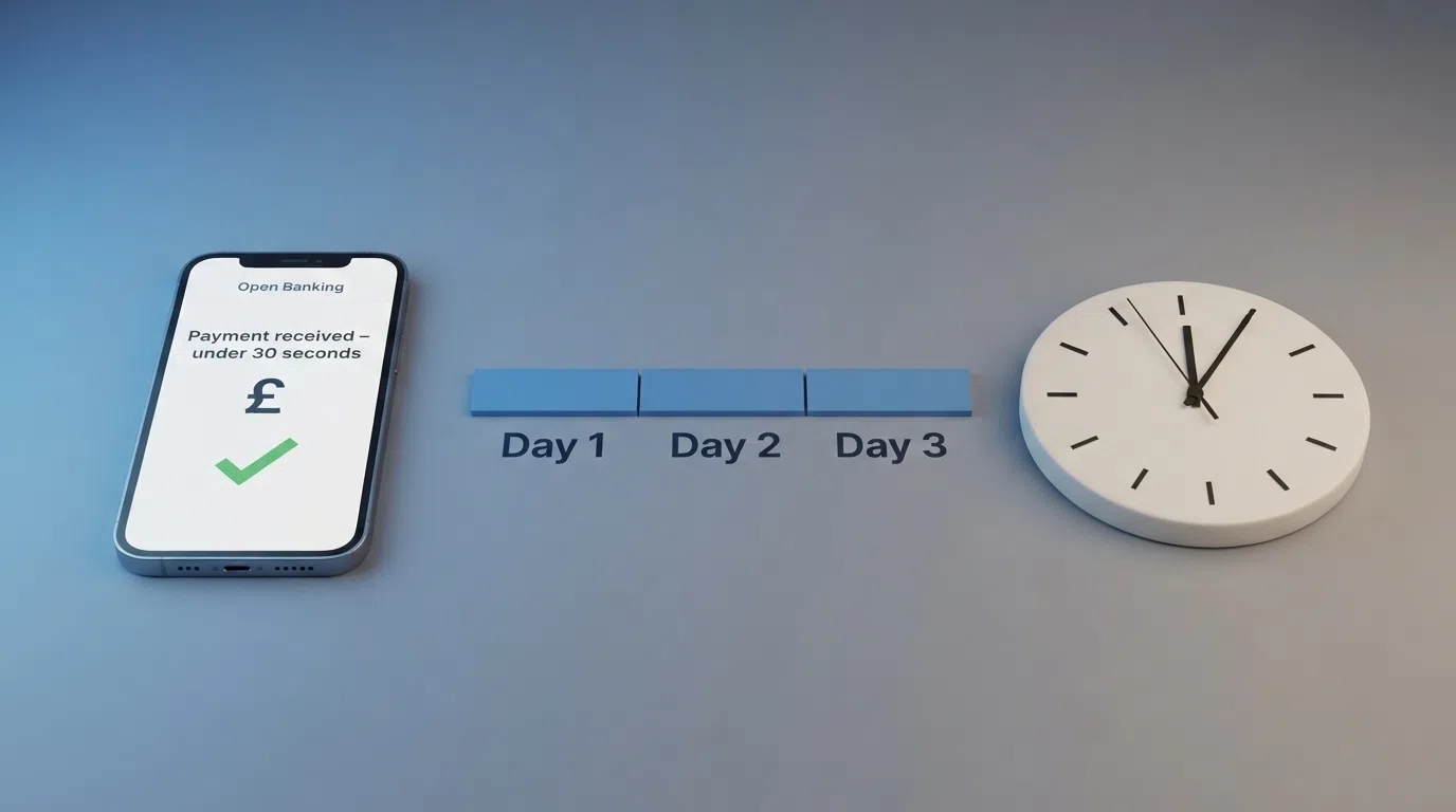 A split visual comparing three payment rails: a smartphone showing an Open Banking instant confirmation screen (under 30 seconds), a calendar page highlighting a three-day BACS window, and a clock face for Faster Payments (under two hours)