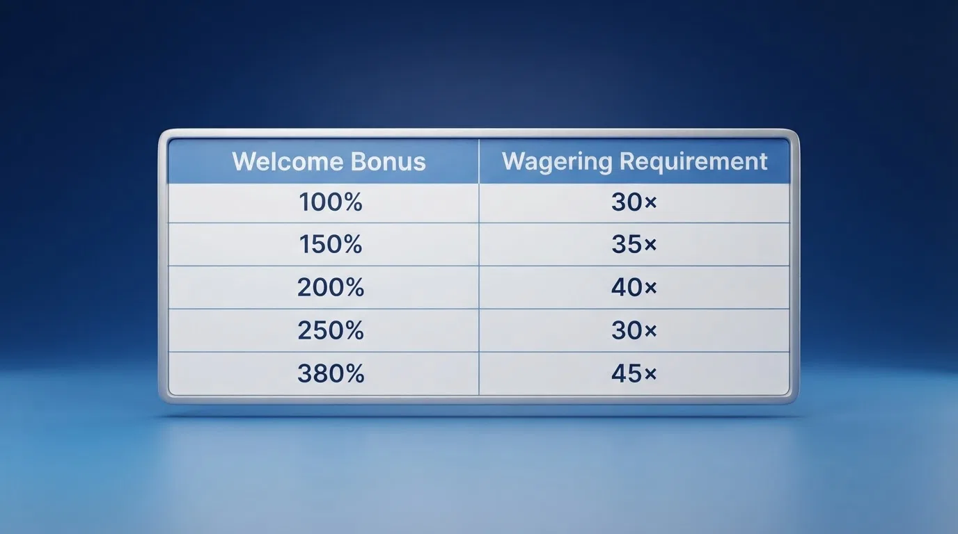 A side-by-side comparison table of casino welcome bonuses, wagering requirements and licence jurisdictions