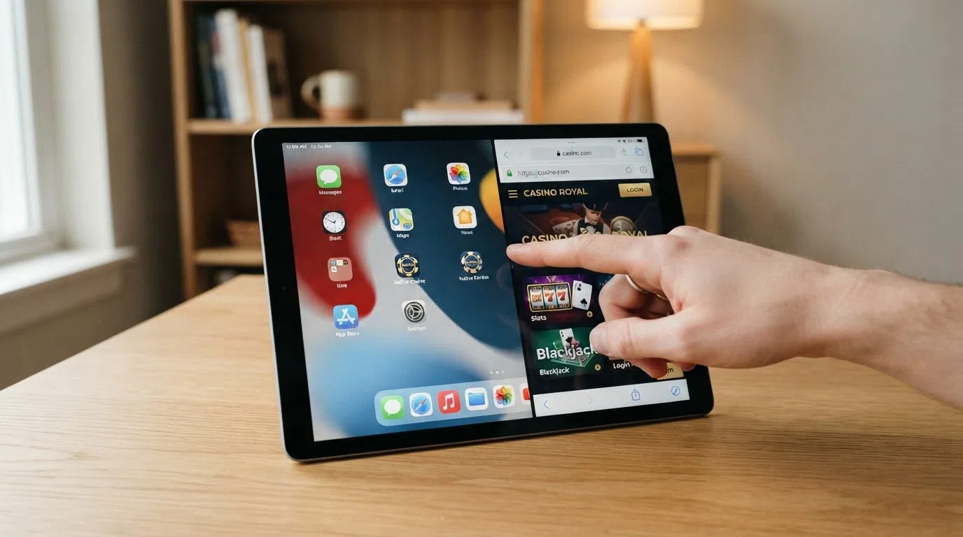 Side-by-side comparison on an iPad screen — a native iOS casino app icon on the home screen next to the same casino loaded in the Safari browser