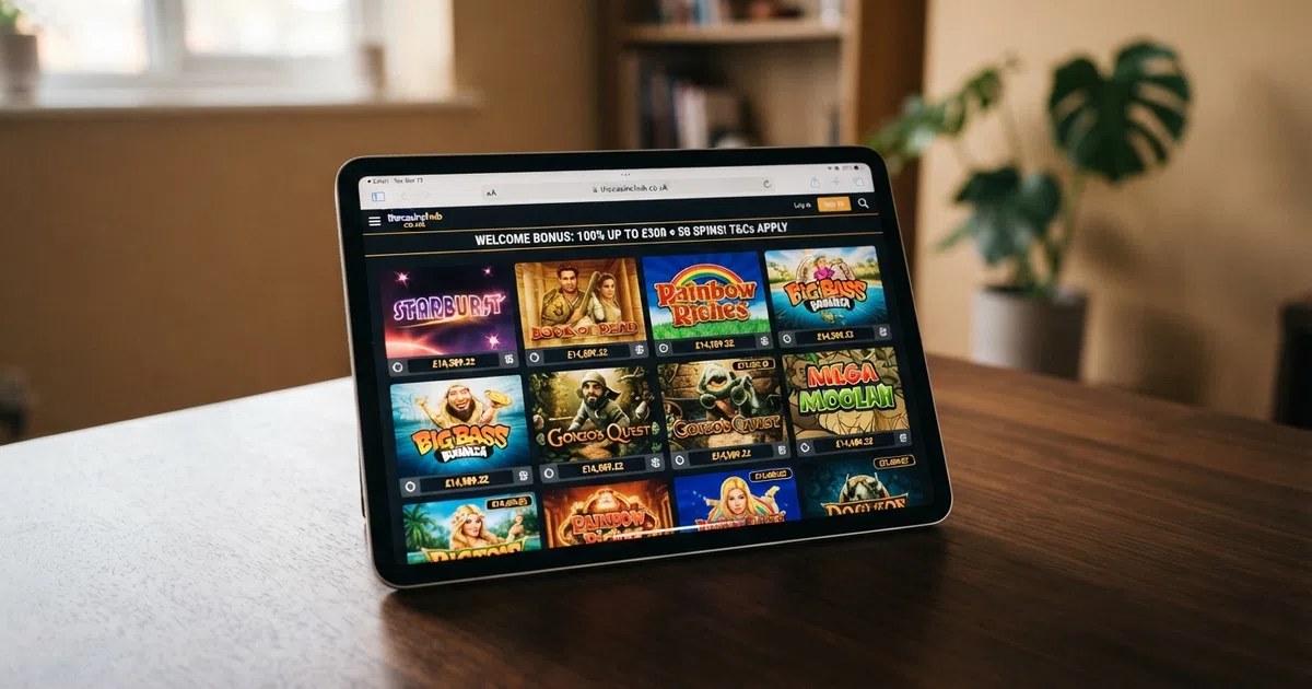 An iPad in landscape orientation displaying a UK online casino game lobby with slot thumbnails, a welcome-offer banner, and the Safari address bar visible
