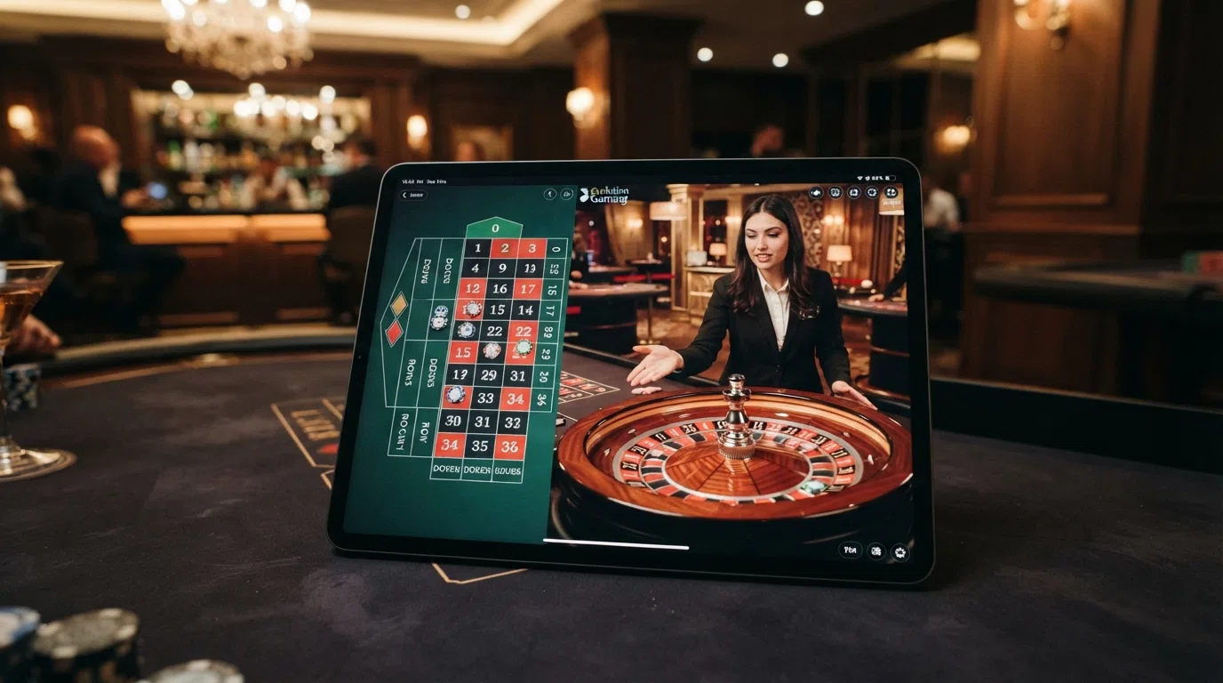 An iPad in landscape orientation showing an Evolution live dealer roulette table with the full betting grid spread across the tablet screen