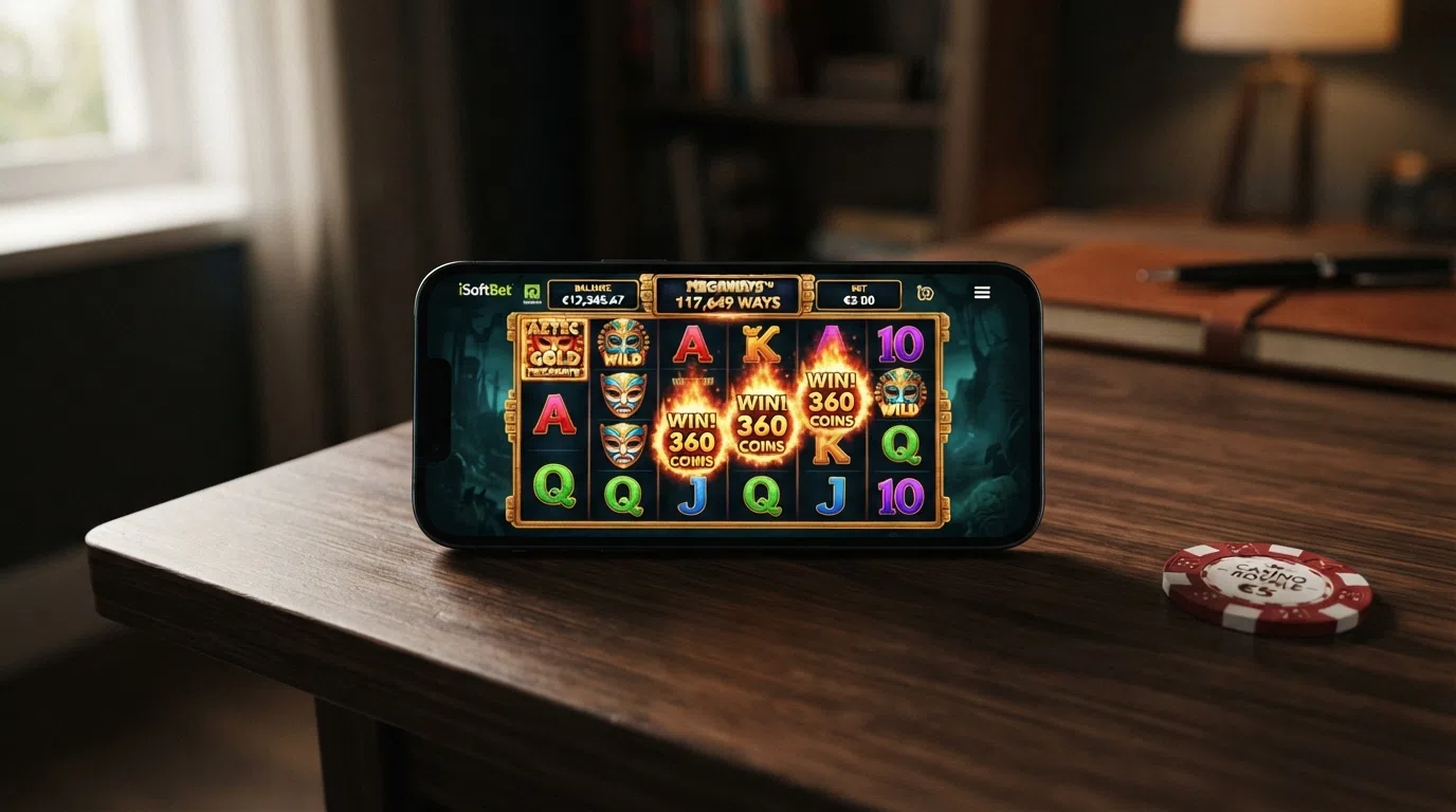 An iSoftBet Megaways slot reel set in play, showing the six-reel layout with cascading-win symbols and the Megaways counter above the grid