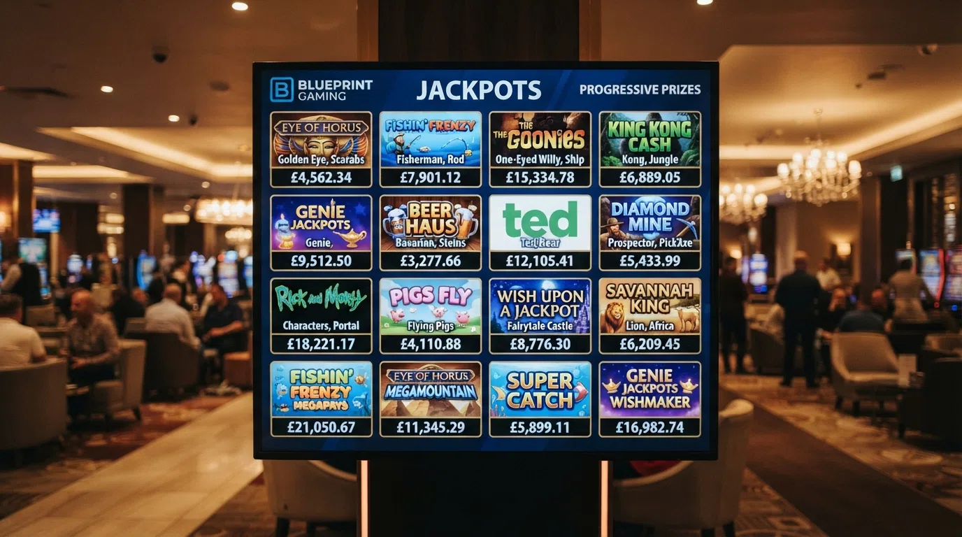 A grid of Jackpot King slot title cards — Eye of Horus, Fishin' Frenzy, The Goonies, King Kong Cash, Genie Jackpots — arranged across a casino lobby screen