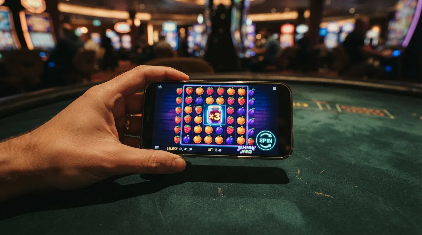 The Jammin' Jars 8×8 grid in mid-play, showing cascading fruit symbols, a jam-jar wild with a visible multiplier, and the game's colourful neon-on-dark visual style