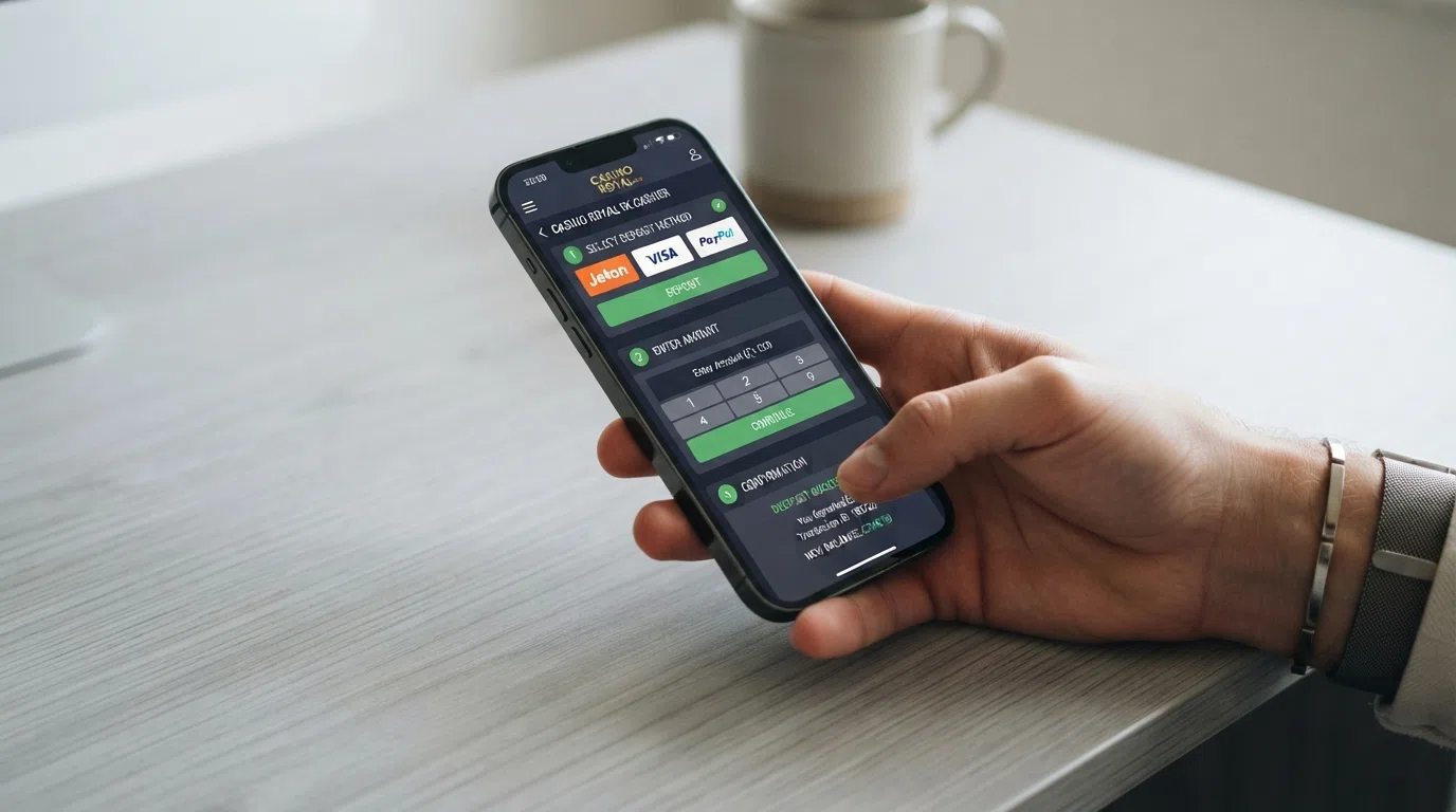 A three-step illustration of the Jeton casino deposit process — selecting Jeton from the cashier menu, entering a deposit amount in pounds, and the confirmation screen showing the instant credit