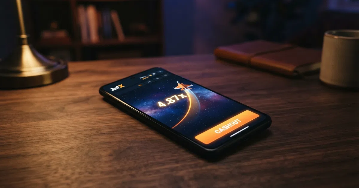 A JetX game screen showing the jet climbing a multiplier curve with the cashout button visible against a dark space-themed background