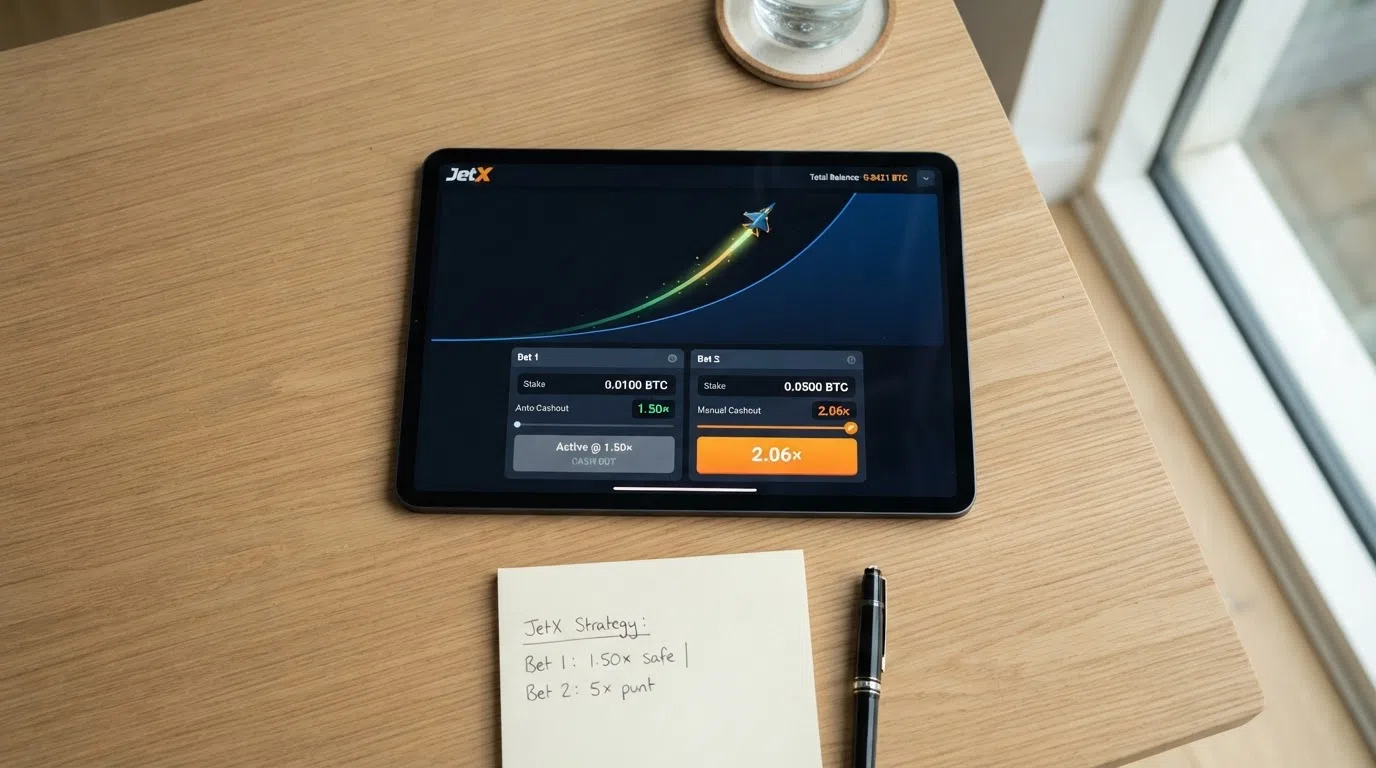 Two side-by-side bet panels on the JetX interface with different stake amounts and auto-cashout targets set, the multiplier ticking upward