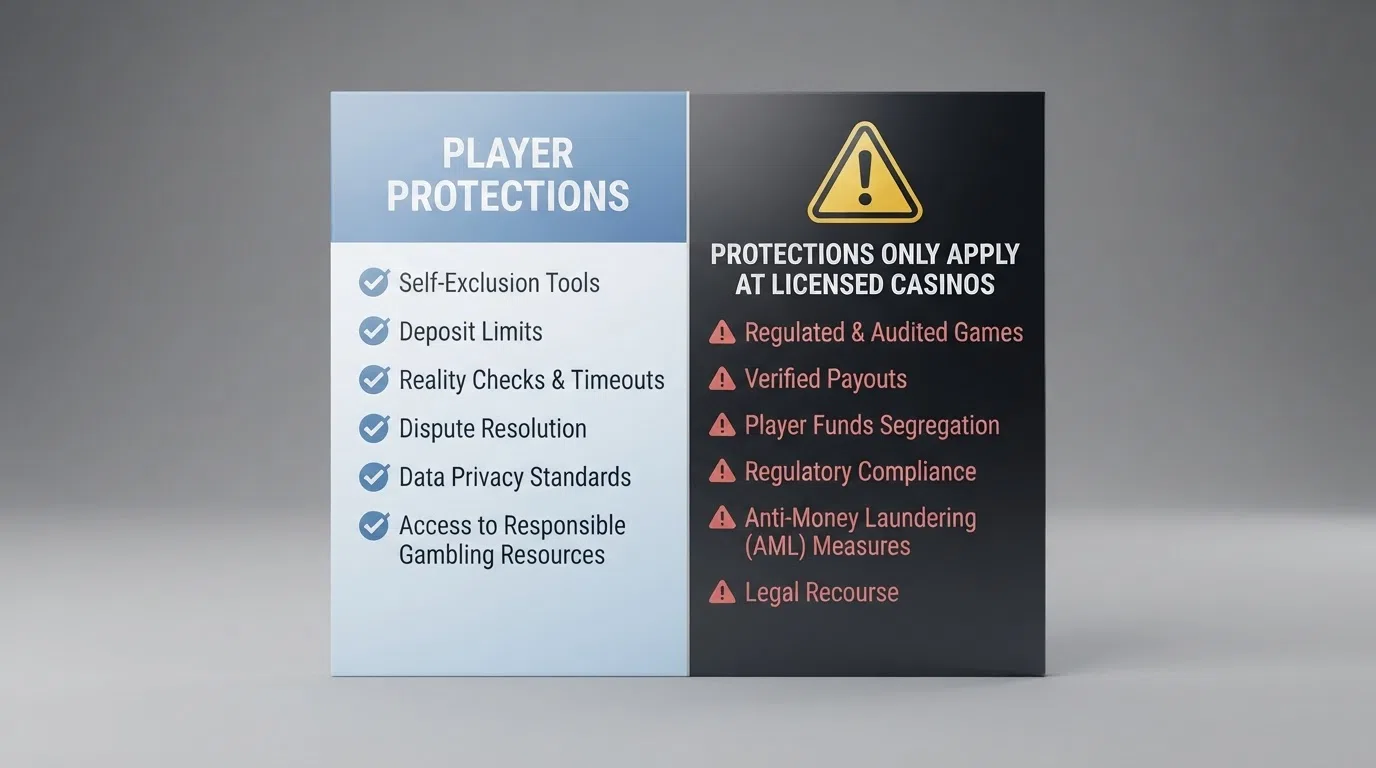 A split comparison graphic: on the left, the UKGC logo and a checklist of player protections; on the right, a warning icon beside protections that only apply at UKGC-licensed casinos