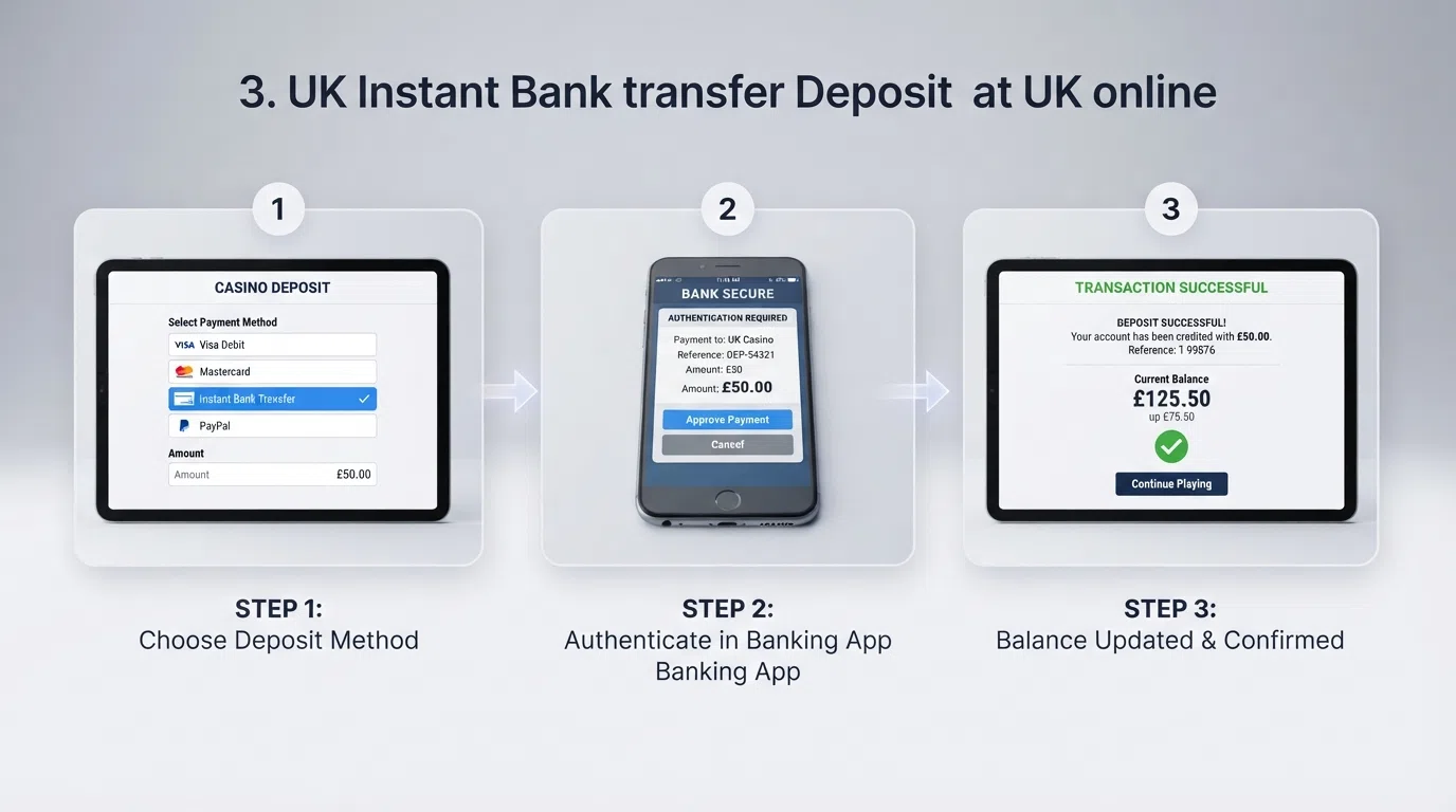 A simplified three-step diagram showing the Klarna deposit flow: selecting Klarna at the casino cashier, authenticating in a banking app, and a confirmation screen with the funded balance