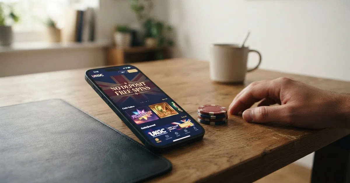A smartphone screen displaying a UKGC-licensed online casino lobby with a “No Deposit Free Spins” promotional banner visible, set against a subtle Union Jack colour palette on a desk