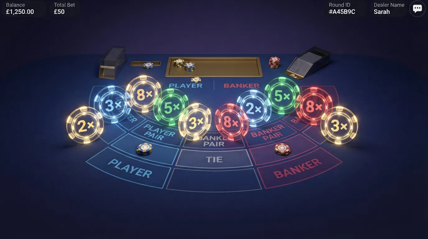 A close-up of a Lightning Baccarat game screen showing the Lightning Card multiplier values (2×, 3×, 5×, 8×) overlaid on the player and banker bet positions