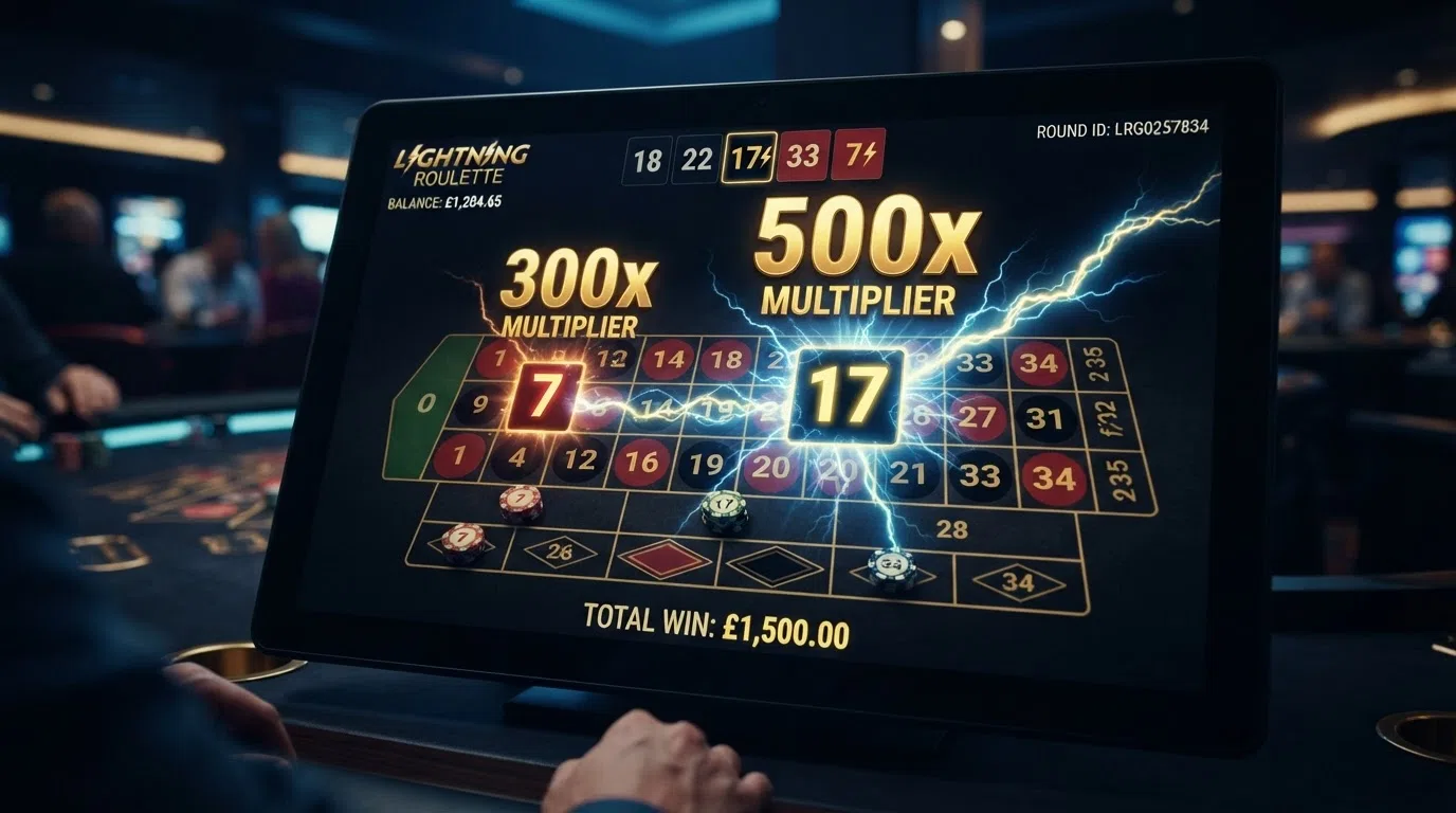 A close-up of a Lightning Roulette betting display showing lucky numbers struck by lightning bolts with on-screen multiplier values of 100x to 500x