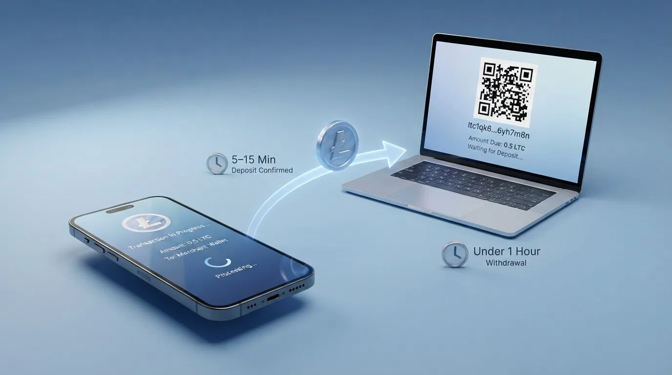 A simplified diagram showing the Litecoin transaction path — a UK player's wallet sending LTC to a casino address, with a clock icon marking 5–15 minutes for deposit confirmation and under 1 hour for withdrawal