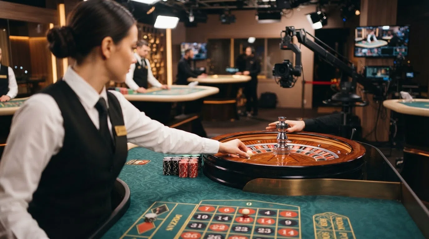 A live-dealer roulette studio with a real croupier standing beside a physical American roulette wheel, the table and betting felt visible under professional studio lighting with multiple camera angles