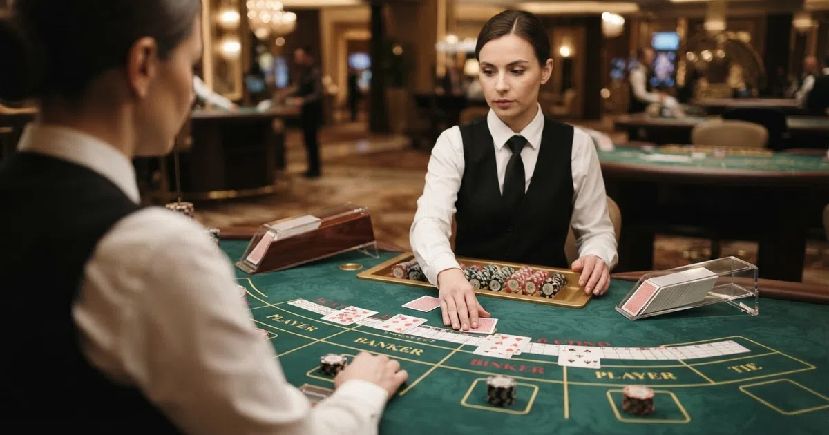 A live dealer seated at a baccarat table in a casino studio, dealing cards from an eight-deck shoe onto a green felt table with the scoreboard visible in the background