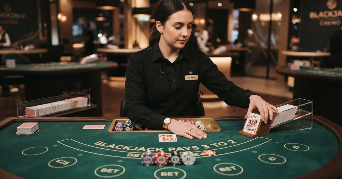 A live-dealer blackjack table streamed in HD, showing a dealer behind a green felt table with cards, chips and a dealing shoe, with the player-interface betting circles overlaid at the bottom of the frame