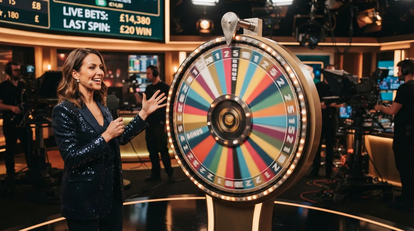 A live casino game-show wheel spinning under studio lights, with a host presenting and on-screen betting stats visible