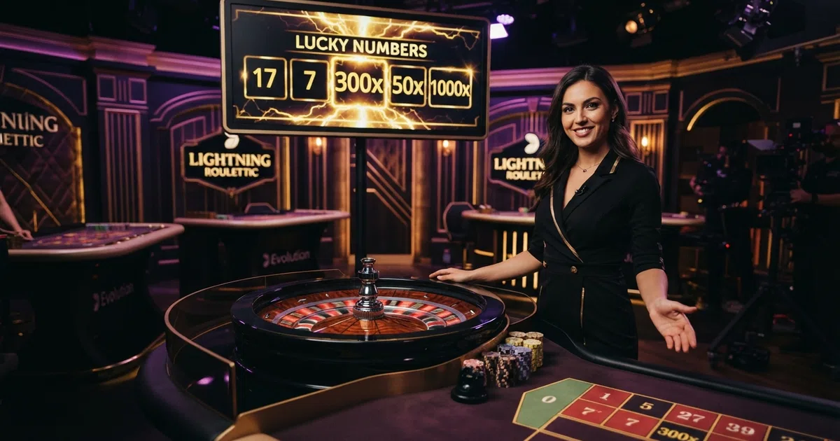 A live dealer presenter stands beside a Lightning Roulette wheel in an Evolution Gaming studio, dramatic purple and gold lighting fills the set, and the digital multiplier display shows Lucky Numbers above the table