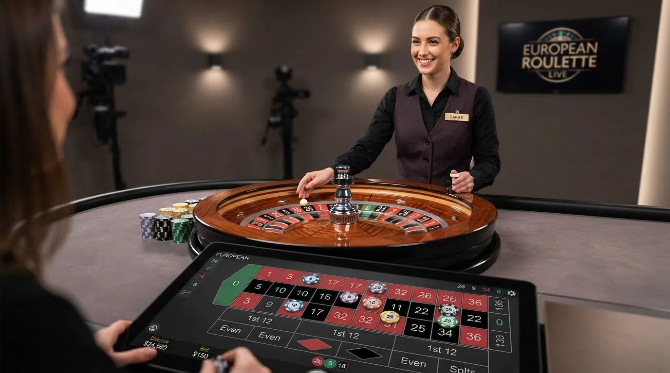 A live dealer European roulette table filmed in a casino studio, with a human croupier standing behind the wheel and the betting grid visible on-screen