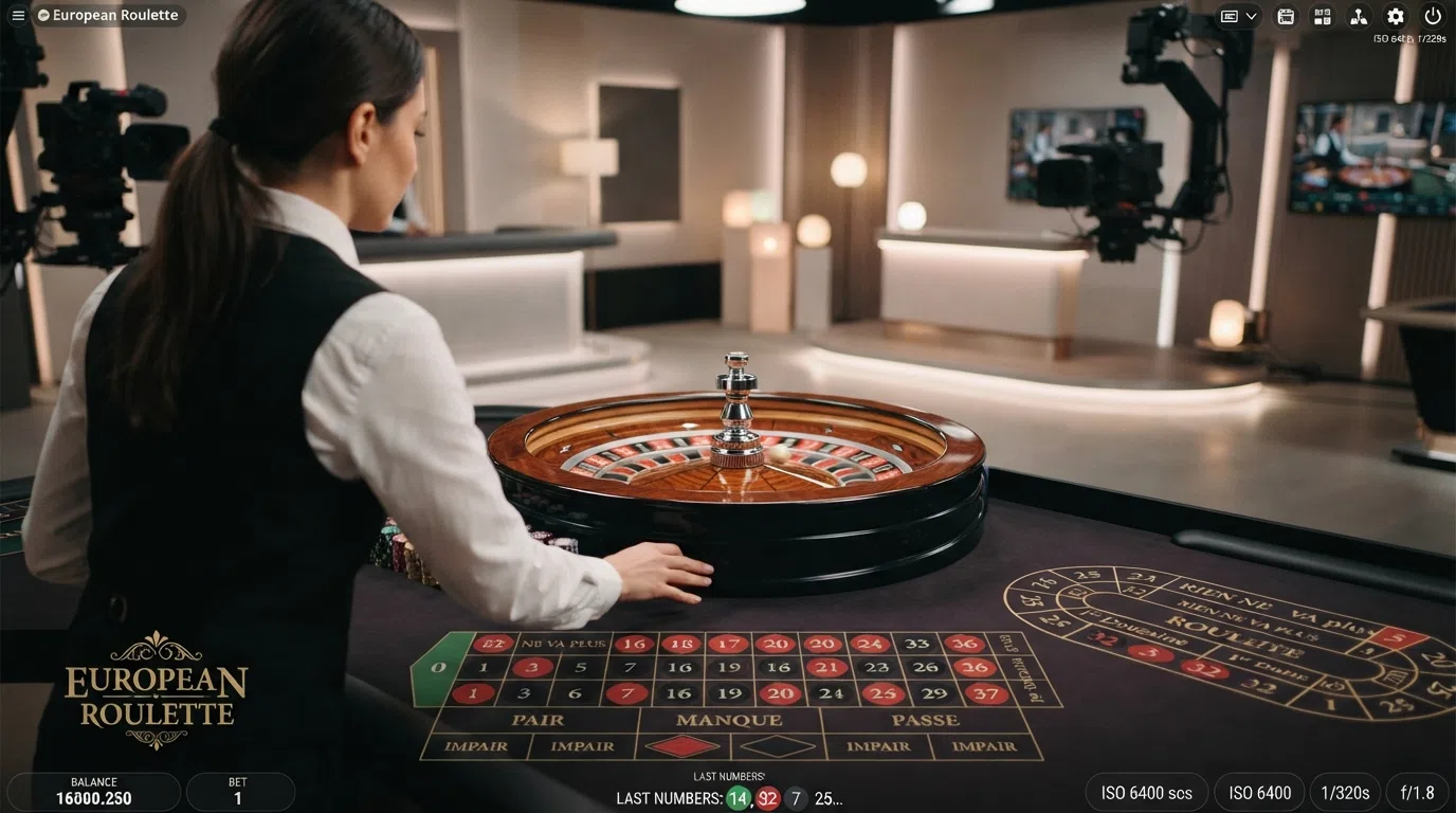 A live dealer standing at a French Roulette table in a professional studio with HD cameras and the betting interface overlay visible