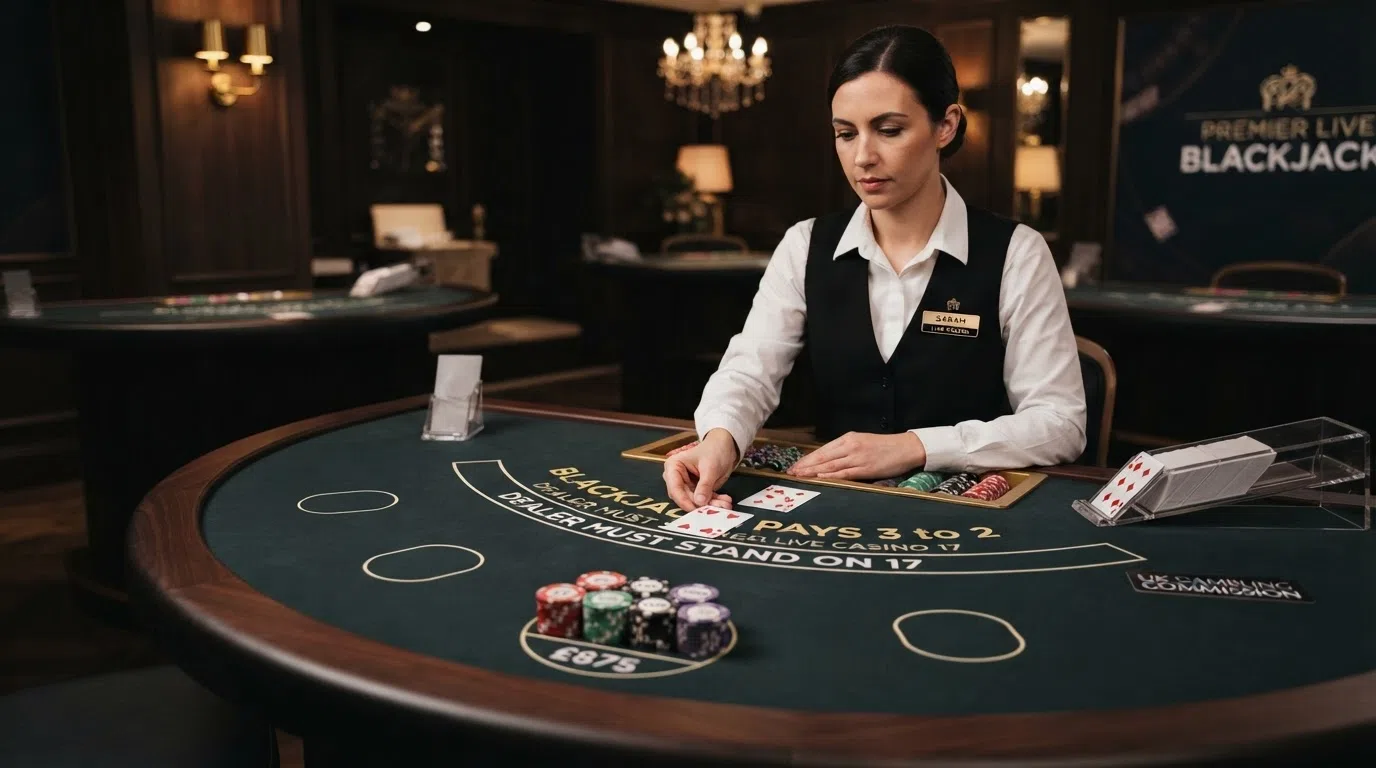 A live dealer at a high-limit blackjack table dealing cards to an empty seat, with chip stacks visible in the foreground