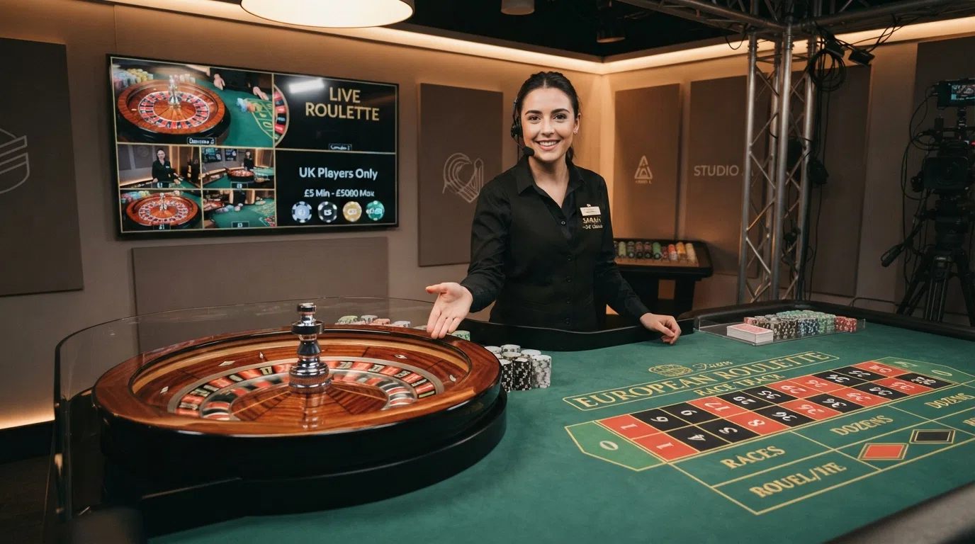 A wide shot of a live-casino studio with a real roulette wheel, a uniformed dealer at the table, and multiple camera angles visible on screens behind the table