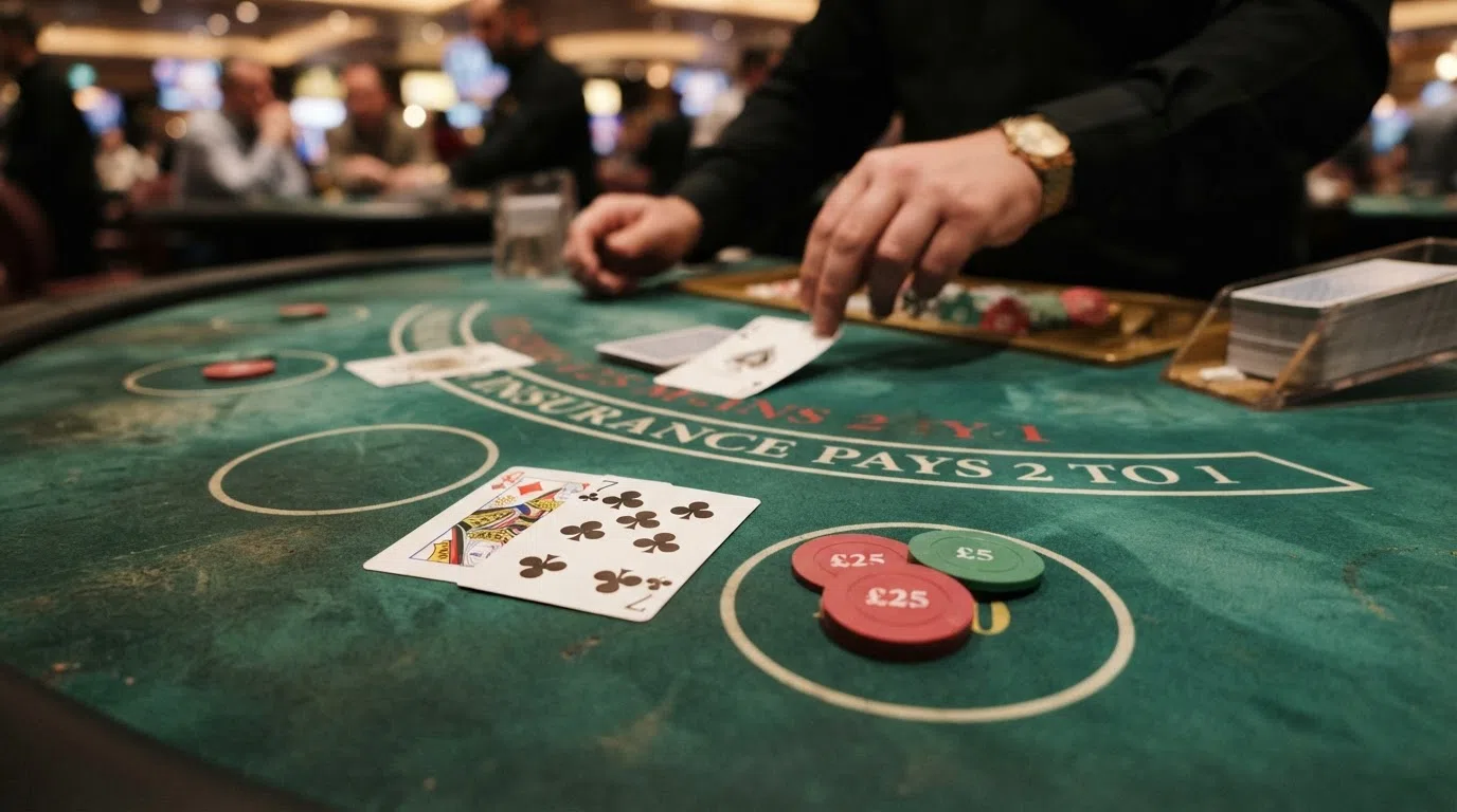 A close-up of a blackjack table felt showing two player cards face-up, the dealer's upcard, and a stack of chips in the betting circle, with the dealer's hands visible at the top of the frame