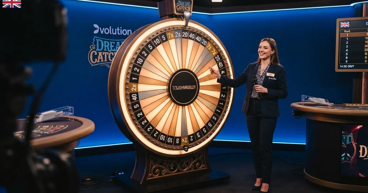 A live dealer host stands beside a vertical Dream Catcher money wheel in a studio, the wheel showing its coloured number segments and silver and gold multiplier positions under professional lighting