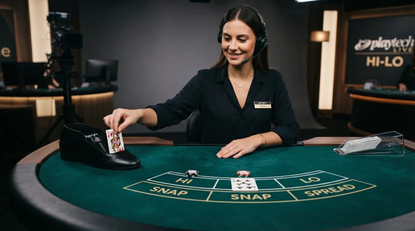 A live-dealer casino studio with a real dealer at a card table, streamed to an online player interface showing hi-lo betting options