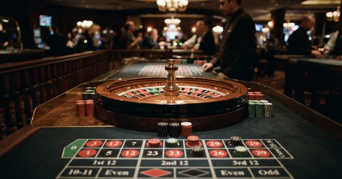A European roulette wheel in sharp focus with the betting felt visible, showing the single zero, alternating red and black numbers, and chips placed on the layout