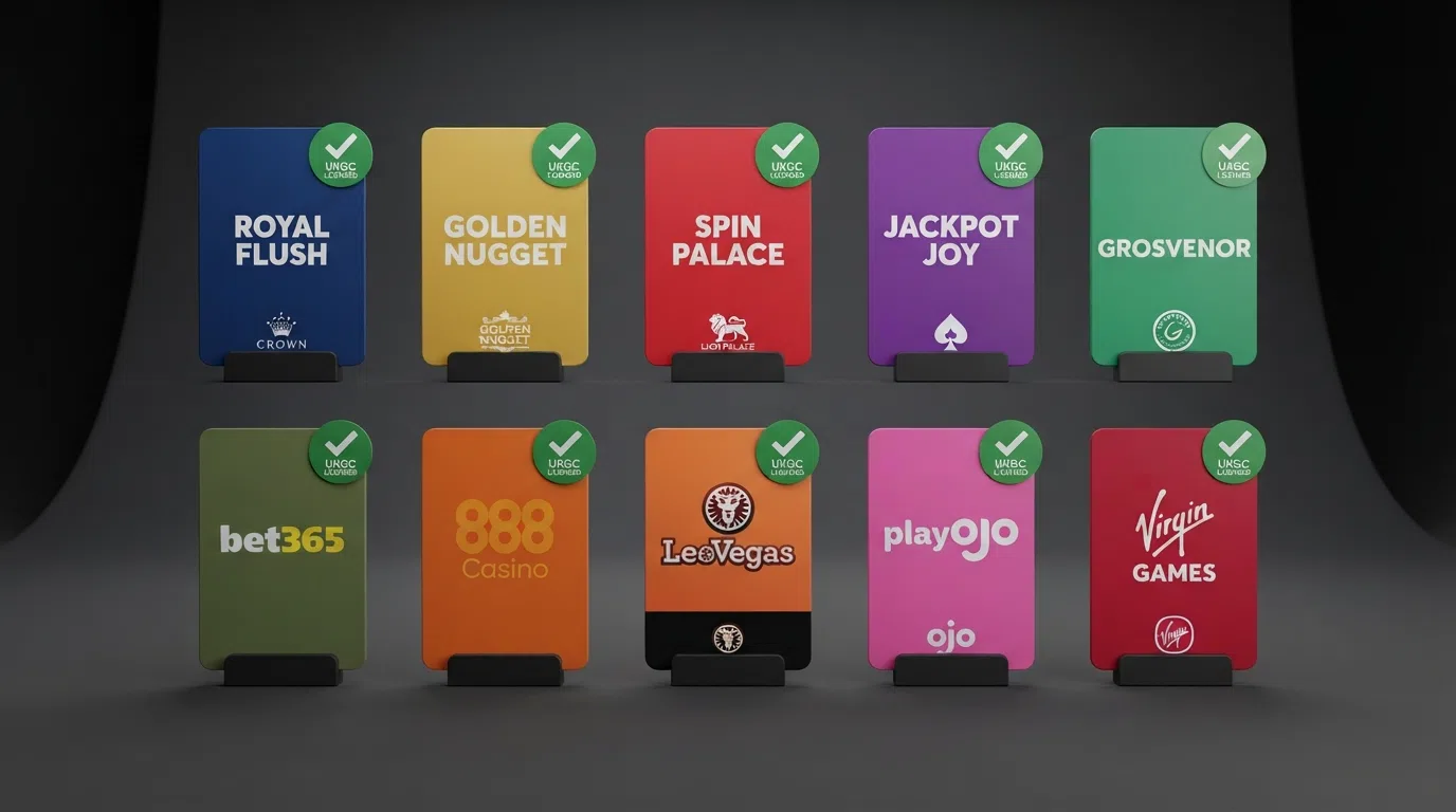 Ten casino-brand cards arranged in a comparison grid, each showing its welcome-offer badge and a green UKGC licence tick
