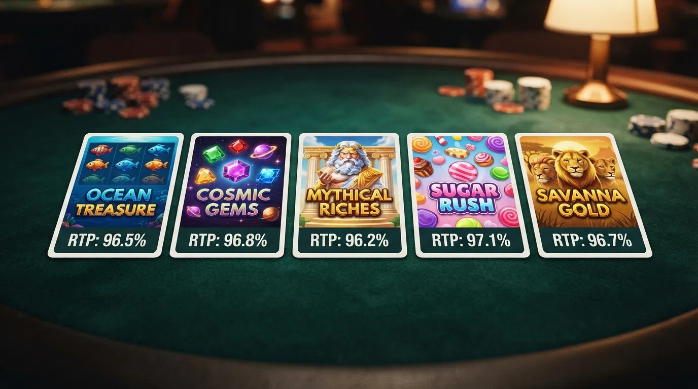 A grid of slot-title cards showing Big Bass Bonanza, Starburst, Gates of Olympus and Sweet Bonanza, each with its RTP percentage displayed beneath the title