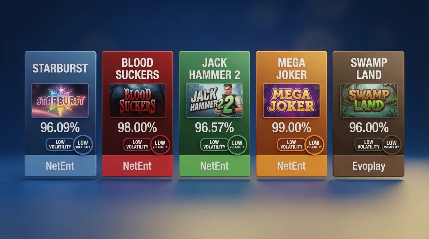 A horizontal comparison layout of the top five slot title cards, each showing its RTP percentage, volatility badge and provider logo