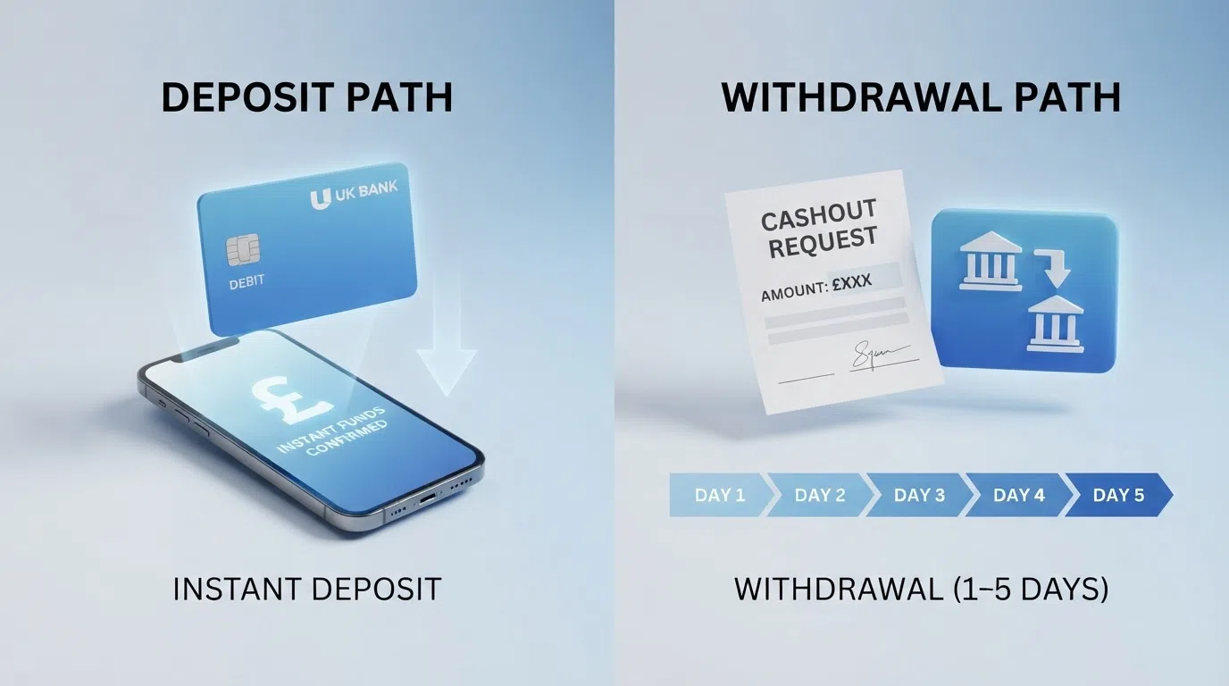 A split illustration showing the deposit path (card → instant funds) on the left and the withdrawal path (cashout request → 1-5 business days → bank account) on the right, with the time gap visually emphasised