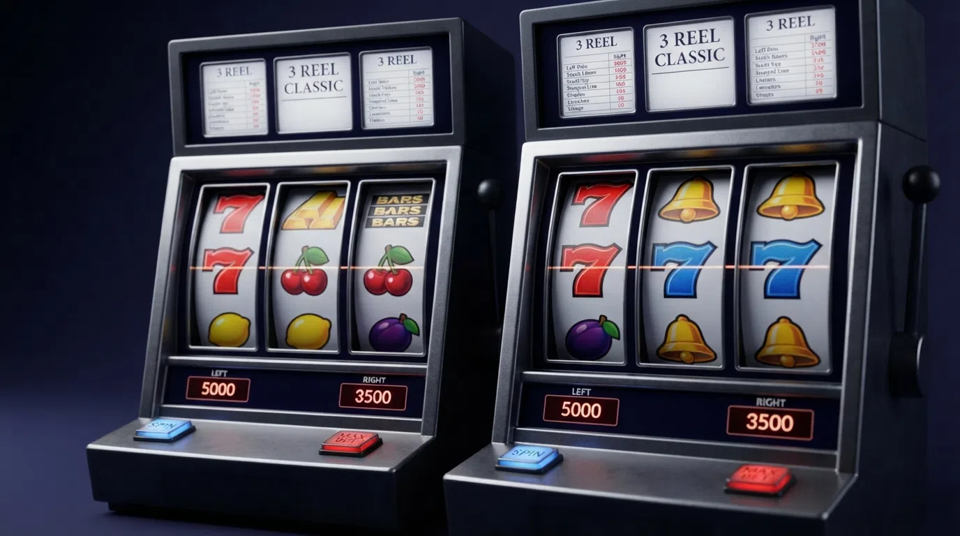 Side-by-side comparison of Mega Joker and Jackpot 6000 game screens, both showing their 3×3 reel grids, Supermeter mode indicators and classic symbol sets
