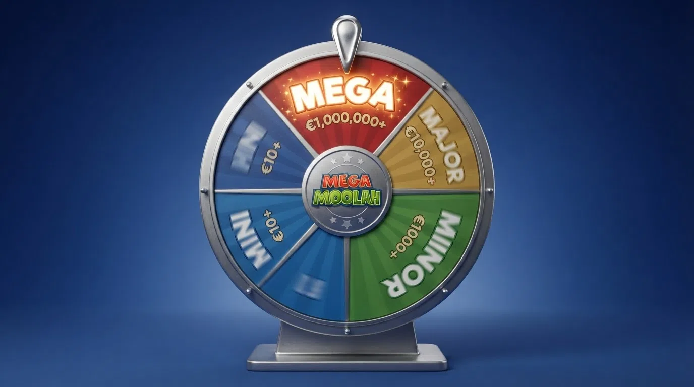 Close-up of the Mega Moolah jackpot wheel segmented into coloured sections for Mini, Minor, Major, and Mega tiers with the wheel pointer visible