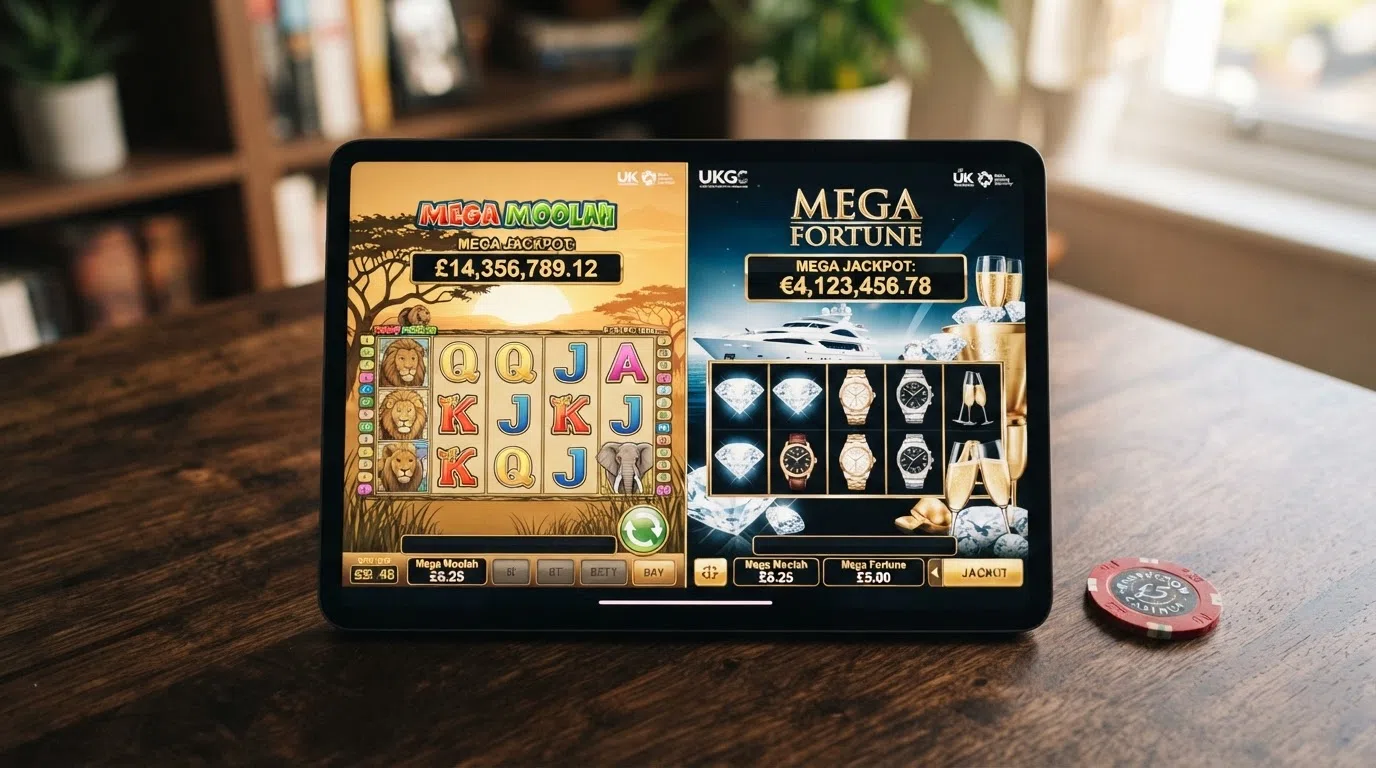 The Mega Moolah and Mega Fortune slot titles shown on screen side by side, each displaying its current progressive jackpot total in a prominent counter